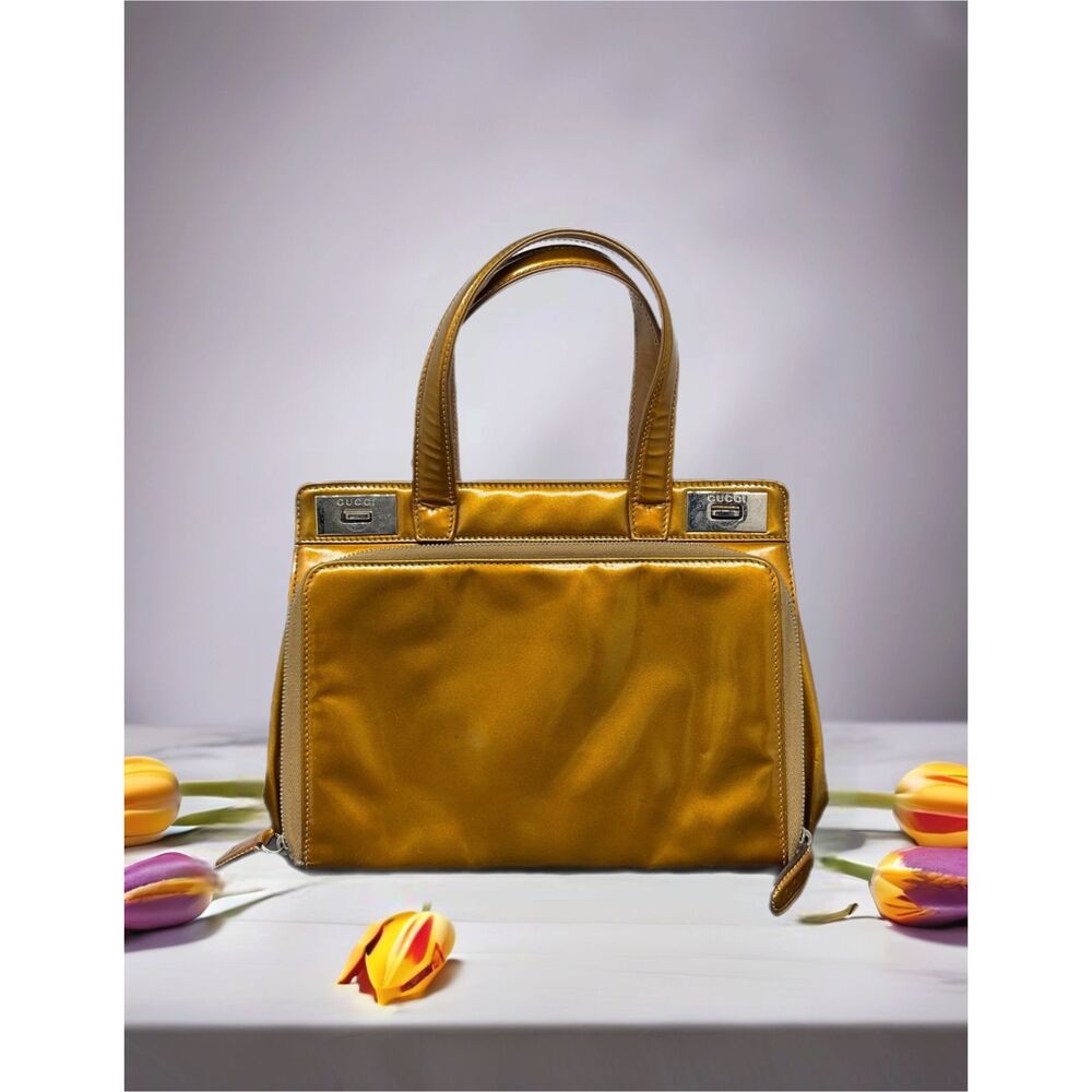 Gucci Gold Patent Leather Satchel Convertible Top Handle Crossbody Bag Y2K EUC